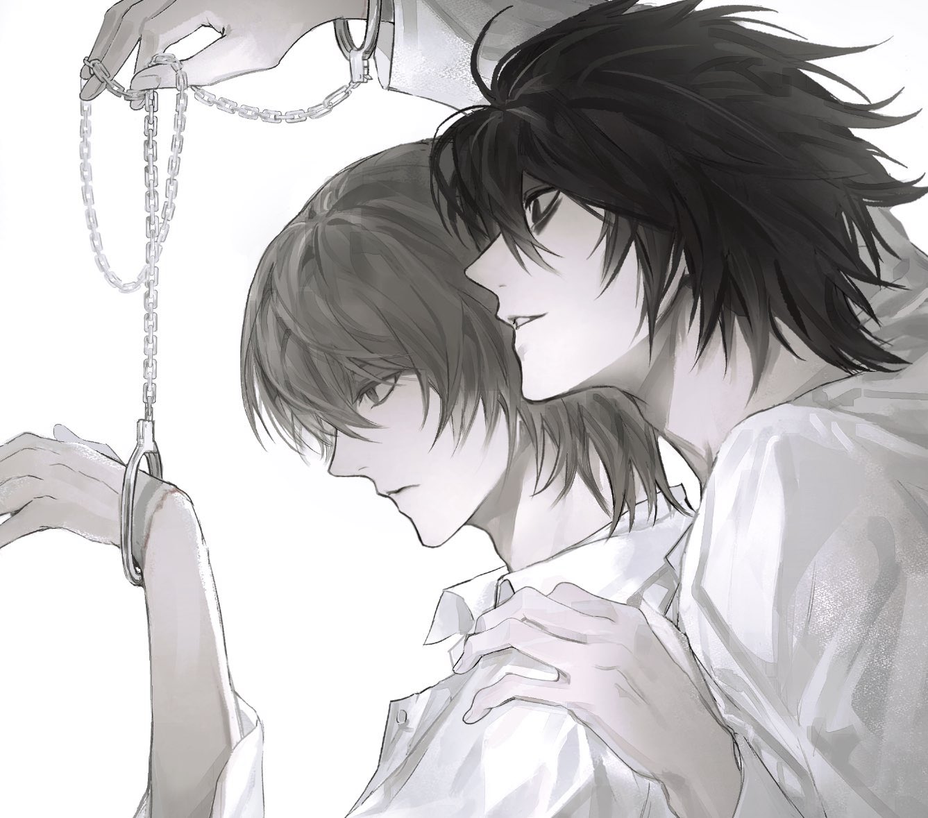 8knff, l (death note), yagami light, death note, 2boys, arm around shoulder, bags under eyes, black hair, brown hair, collared shirt, cuffs, hair between eyes, hand on another's shoulder, handcuffs, male focus, multiple boys, no eyebrows, parted lips, shirt, short hair, white background, white shirt, yaoi