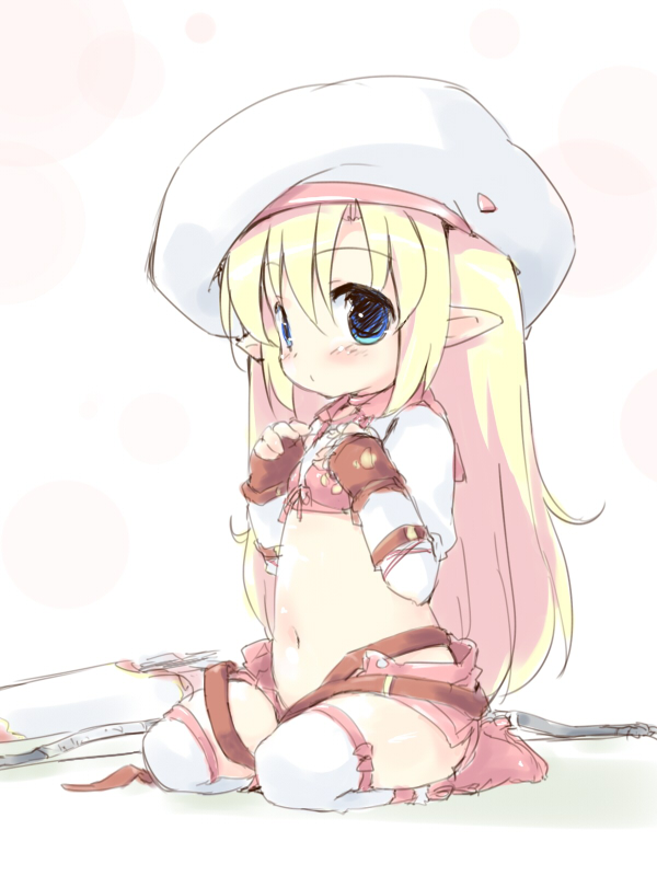 petenshi (dr. vermilion), player character (mabinogi), mabinogi, character request, 1girl, blonde hair, blue eyes, elf, female focus, fingerless gloves, gloves, hat, kneeling, loli, long hair, pointy ears, solo, thighhighs, undressing