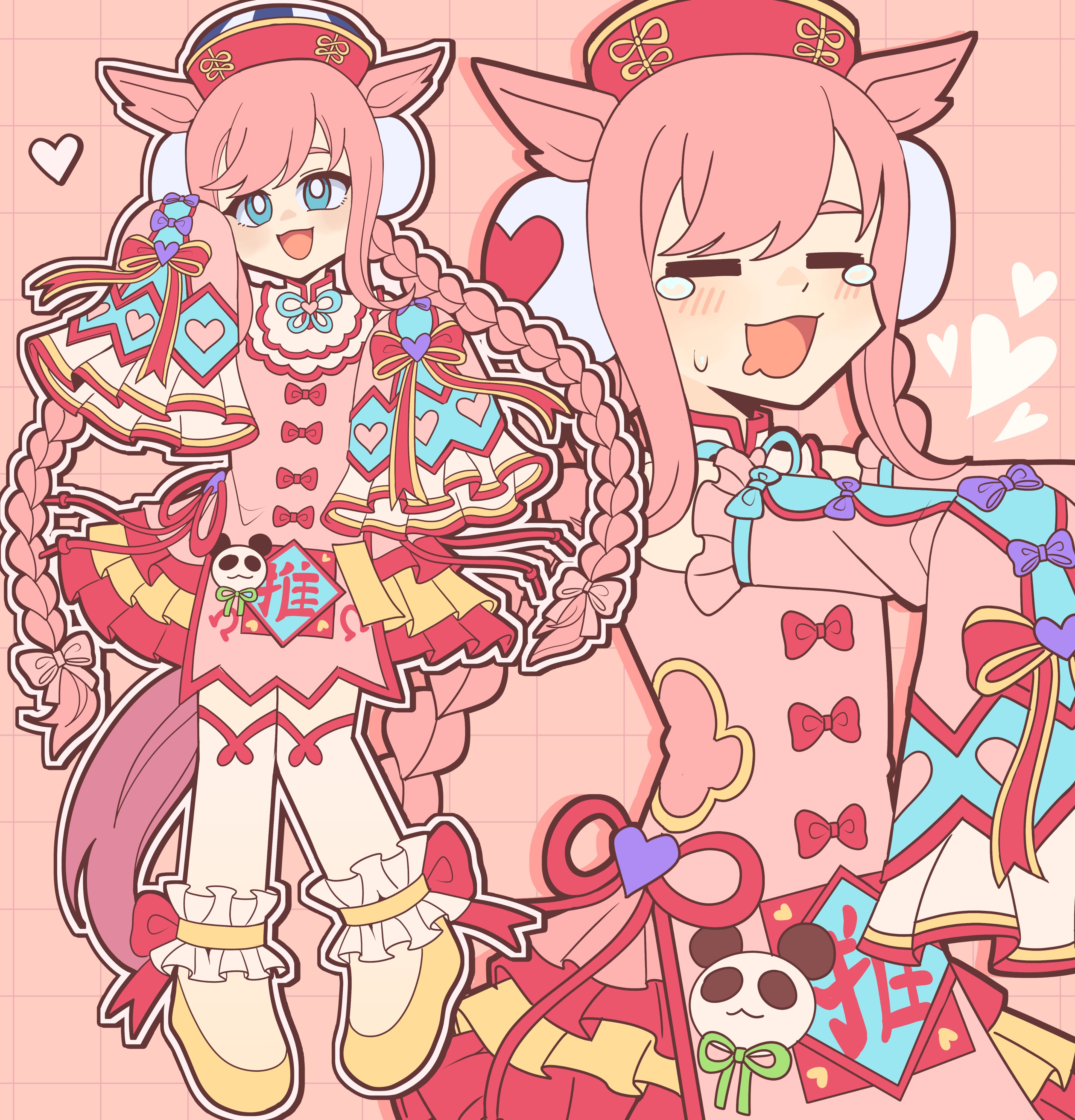 bobamiruku, agnes digital (lovely jiangshi) (umamusume), agnes digital (umamusume), umamusume, absurdres, commentary, english commentary, highres, 1girl, animal ears, blue eyes, blush, braid, bright pupils, closed eyes, detached sleeves, double bun, dress, drooling, hair bun, hat, heart, horse ears, horse girl, horse tail, jiangshi, jiangshi costume, long hair, long sleeves, low twin braids, mouth drool, official alternate costume, official alternate hairstyle, ofuda, open mouth, outstretched arms, pink dress, pink hair, pink sleeves, qingdai guanmao, sleeves past fingers, sleeves past wrists, smile, sweatdrop, tail, twin braids, white pupils, zombie pose