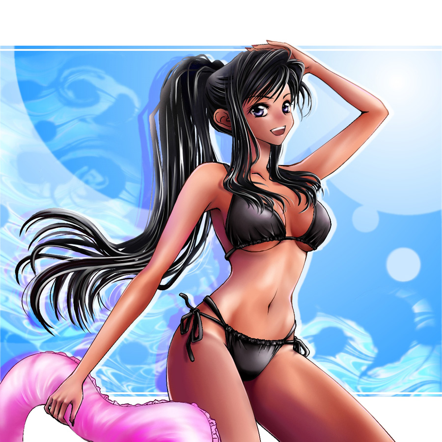 ajino, original, 1girl, bikini, black hair, breasts, dark-skinned female, dark skin, female focus, innertube, long hair, ponytail, side-tie bikini bottom, solo, swim ring, swimsuit, very long hair