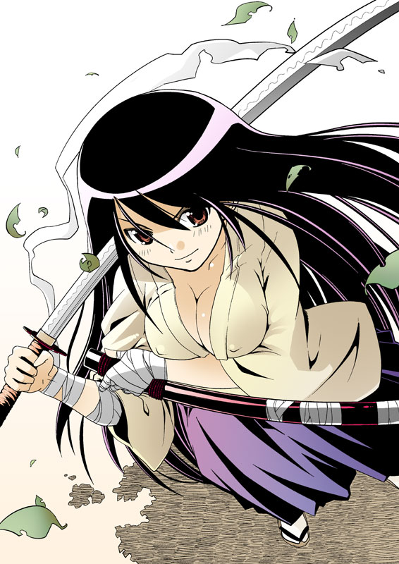 kaeru kenshi, original, bad id, bad pixiv id, 1girl, bandages, black hair, breasts, cleavage, female focus, japanese clothes, katana, large breasts, long hair, no bra, solo, sword, weapon, white background