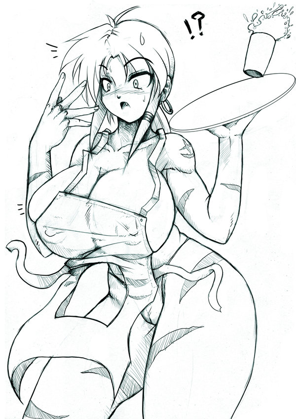 rhemora, rhemora (artist), apron, breasts, covered erect nipples, curvy, fang, huge breasts, large breasts, scar, surprised, trish