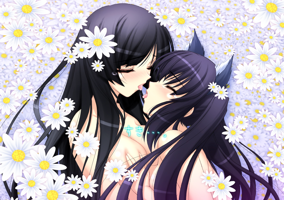 fusataka shikibu, akiyama mio, nakano azusa, k-on!, translation request, 00s, 2girls, animal ears, black hair, breasts, cat ears, closed eyes, flower, grabbing another's breast, groping, long hair, multiple girls, saliva, saliva trail, tears, tongue, topless female, twintails, yuri