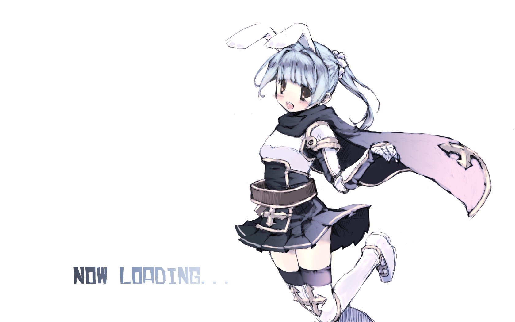 ganges gawa, rune knight (ragnarok online), ragnarok online, commentary request, highres, 1girl, animal ears, armored boots, belt, black cape, black skirt, black thighhighs, blue hair, blush, boots, brown belt, cape, cross, foot out of frame, gauntlets, looking at viewer, medium hair, official alternate costume, open mouth, pleated skirt, rabbit ears, rabbit girl, simple background, skirt, smile, solo, thighhighs, white background