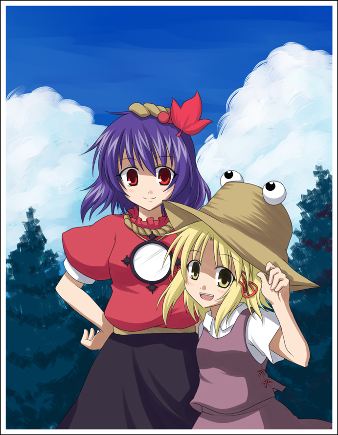 bluepony, moriya suwako, yasaka kanako, touhou, 2girls, blonde hair, blue eyes, blue hair, female focus, hat, multiple girls, nature, outdoors, plant, red eyes, rope, short hair, skirt, sky, yellow eyes