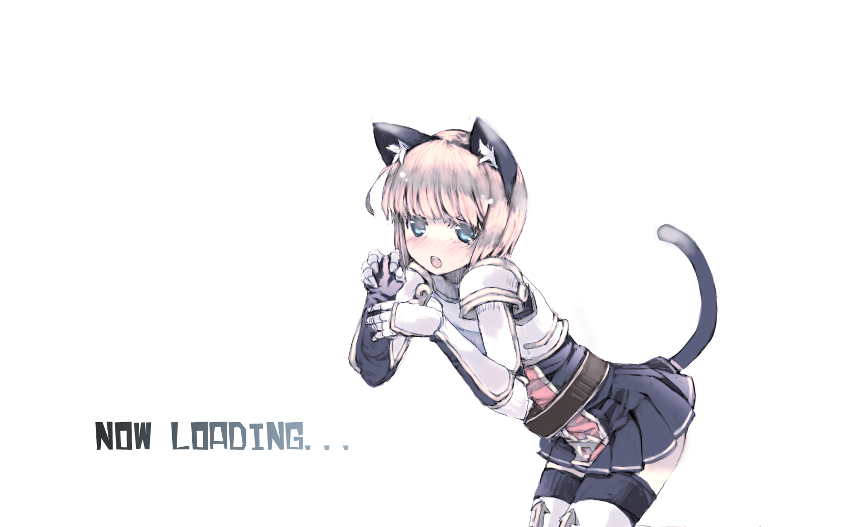 ganges gawa, rune knight (ragnarok online), ragnarok online, commentary request, highres, 1girl, animal ear fluff, animal ears, armor, black gloves, black skirt, black thighhighs, blonde hair, blue eyes, blush, cat ears, cat girl, cat tail, cowboy shot, cross, gauntlets, gloves, leaning forward, looking at viewer, official alternate costume, open mouth, pauldrons, pleated skirt, short hair, shoulder armor, simple background, skirt, solo, tail, thighhighs, white background
