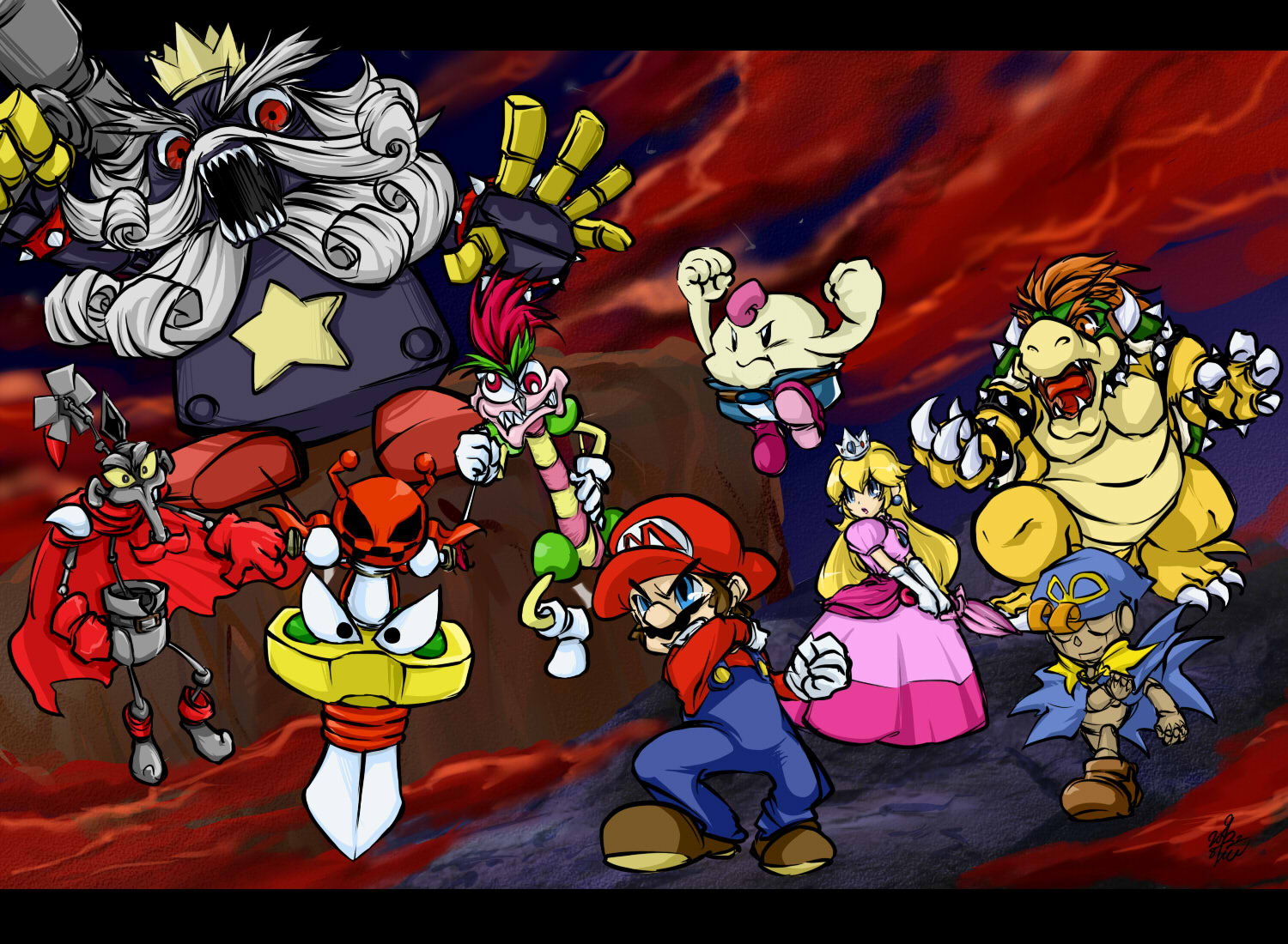 piu, bowser, bowyer, geno (mario), mack, mallow (mario), mario, princess peach, smithy, yaridovich, mario (series), nintendo, super mario rpg, bad id, bad pixiv id, 1boy, 1girl, beard, claws, crown, epic, facial hair, hammer, hat, mustache, opposing sides, parasol, sharp teeth, star (symbol), teeth, umbrella