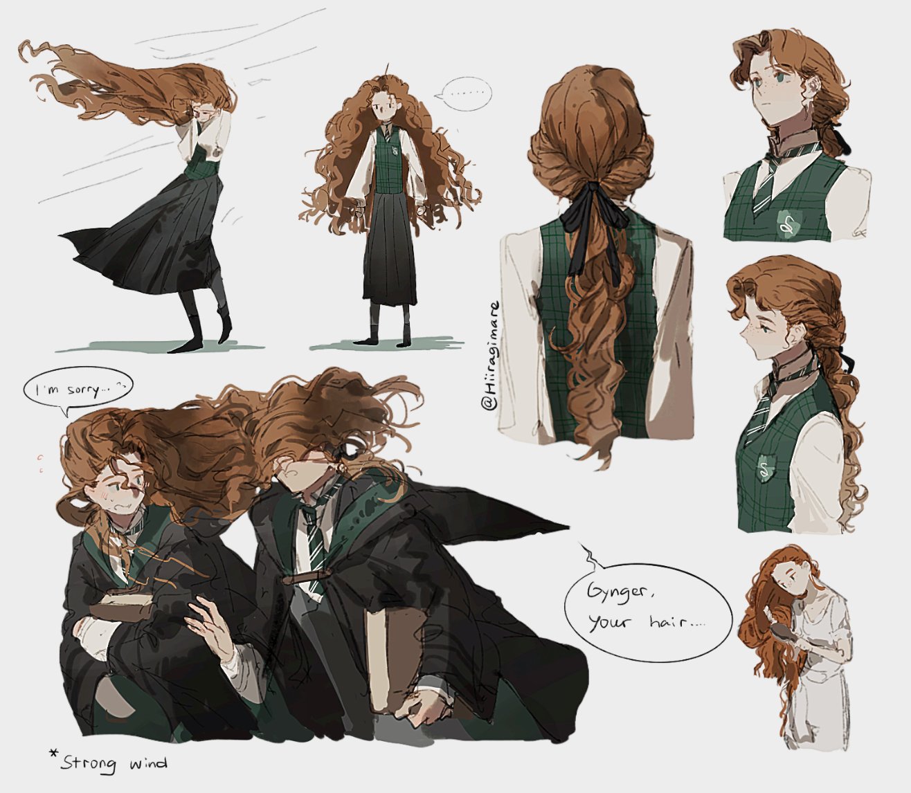 hiiragimare, hogwarts legacy, original, wizarding world, 1girl, 1other, black ribbon, black robe, black shoes, black skirt, black thighhighs, blue eyes, book, braid, brushing hair, collared shirt, english text, green necktie, green vest, gynger edventray (hiiragimare), hair brush, hair ribbon, hogwarts school uniform, holding, holding book, holding hair brush, hooded robe, long hair, long skirt, looking at another, low ponytail, multiple views, necktie, ponytail, red hair, ribbon, robe, school uniform, shirt, shoes, simple background, skirt, slytherin, speech bubble, thighhighs, vest, wavy hair, white background, white shirt, wind