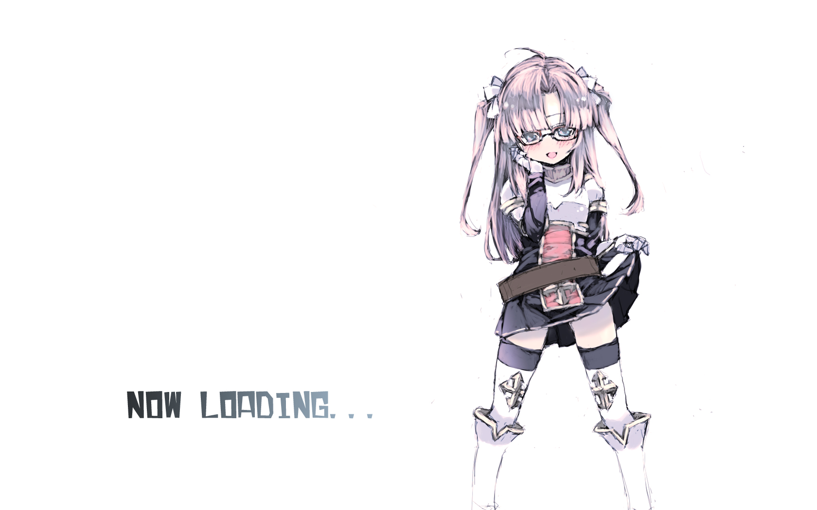 ganges gawa, rune knight (ragnarok online), ragnarok online, commentary request, highres, 1girl, armored boots, belt, black-framed eyewear, black skirt, black thighhighs, blue eyes, blush, boots, brown belt, clothes lift, feet out of frame, gauntlets, glasses, long hair, looking at viewer, official alternate costume, open mouth, pink hair, pleated skirt, simple background, skirt, skirt lift, smile, solo, standing, thighhighs, two side up, white background