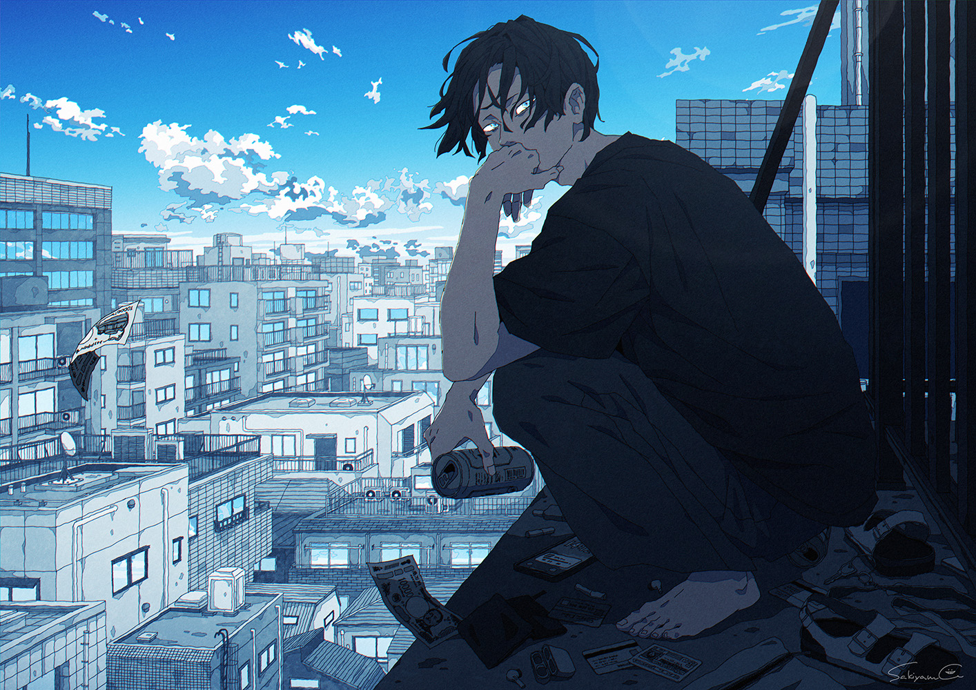 sakiyama8ma, original, commentary request, 1boy, airpods, black hair, black pants, black shirt, blue eyes, building, can, cellphone, city, cloud, credit card, day, floating hair, hand on own face, holding, holding can, key, male focus, money, no shoes, on rooftop, pants, phone, shirt, shoes, short hair, signature, sky, smartphone, solo, squatting, toenails, unworn shoes, wireless earphones