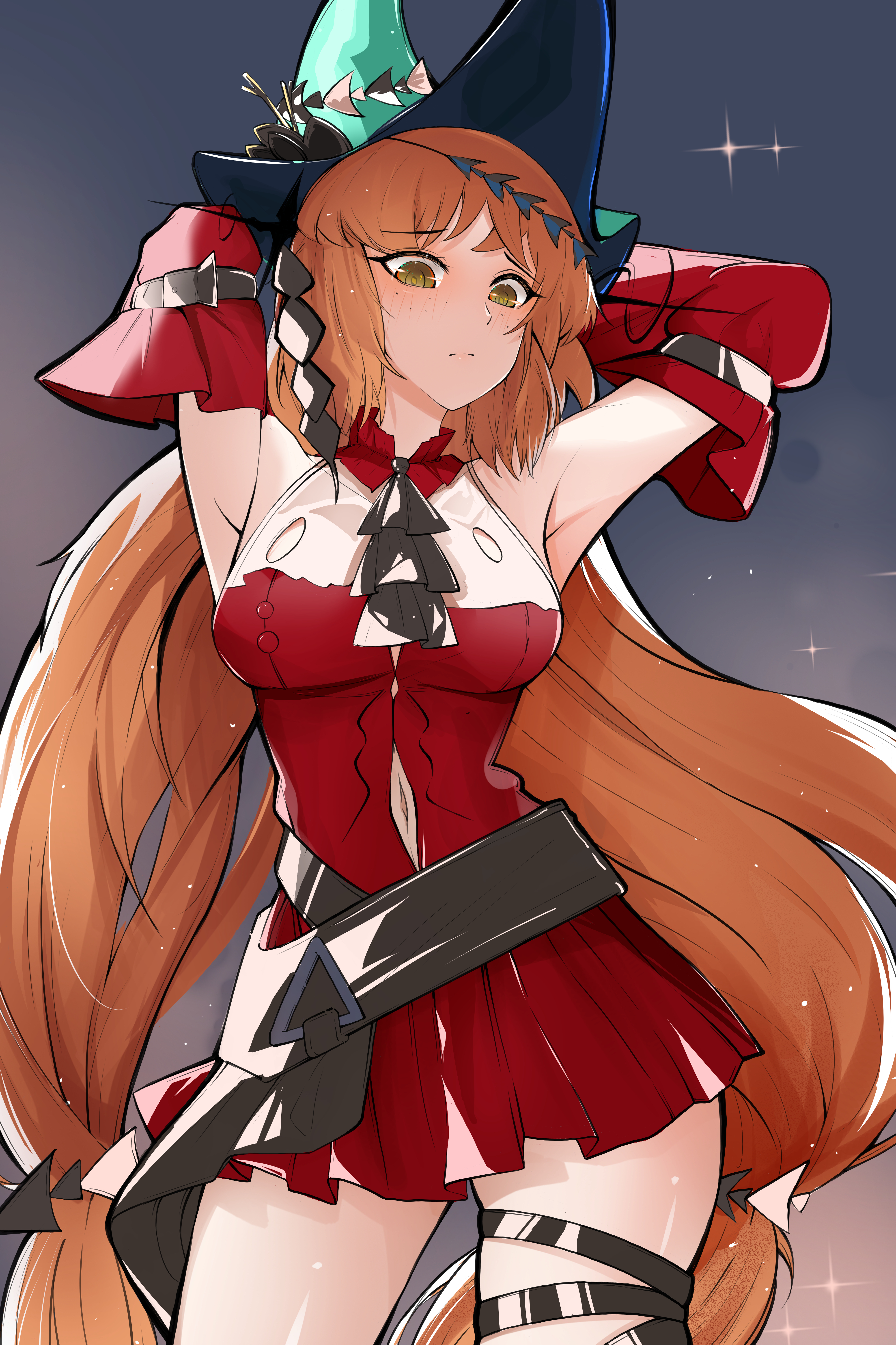 ayamiya, ishmael (project moon), skadi (arknights), skadi the corrupting heart (arknights), arknights, limbus company, project moon, absurdres, highres, 1girl, aqua hat, armpits, arms behind head, ascot, black ascot, choker, cosplay, cowboy shot, detached sleeves, fish hat ornament, green eyes, grey background, hat, long hair, looking at viewer, low-tied long hair, orange hair, red choker, simple background, skadi the corrupting heart (arknights) (cosplay), solo, sparkle, thigh strap, very long hair