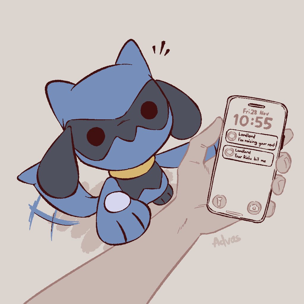 advos, riolu, nintendo, pokemon, 1boy, black fur, blue fur, cellphone, chibi, gen 4 pokemon, grey background, holding, holding phone, looking at another, looking at viewer, phone, pokemon (creature), pov, pov hands, signature, simple background, smartphone, tail, tail wagging, two-tone fur