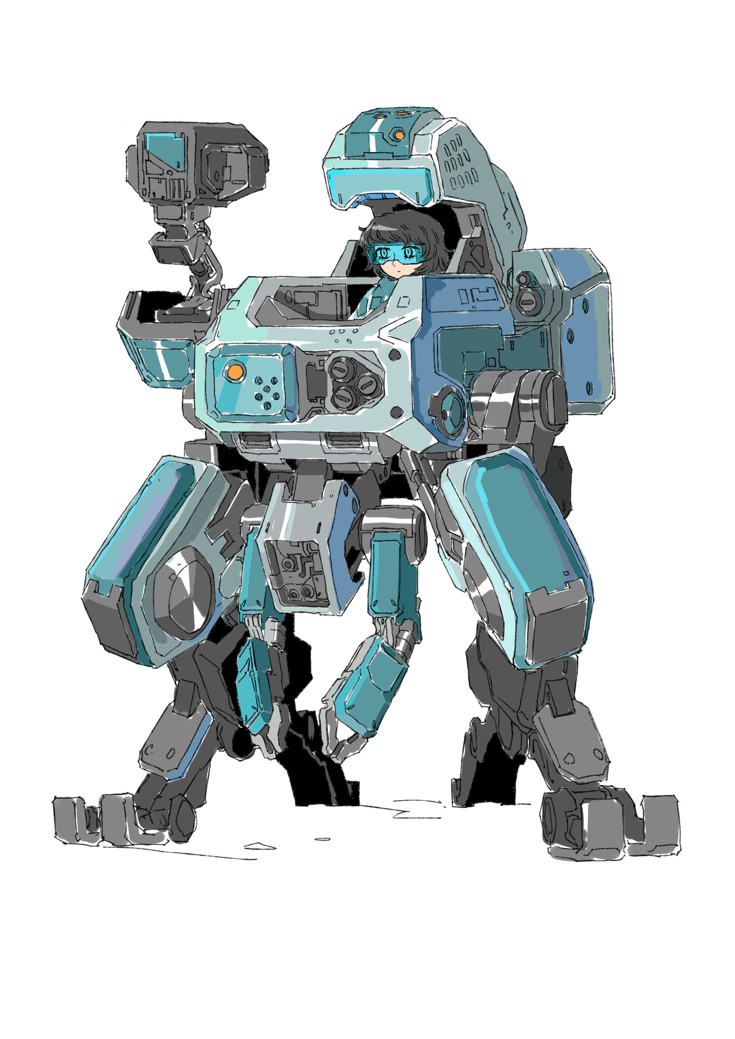 ephe99261012, original, hashtag-only commentary, highres, 1girl, black hair, blue theme, blue visor, mecha, mecha focus, medium hair, missile pod, open cockpit, pilot, piloting, pincers, robot, science fiction, simple background, sketch, solo, standing, white background