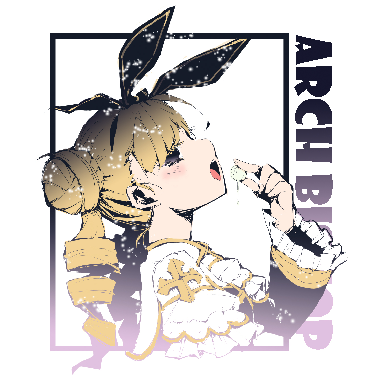 ganges gawa, arch bishop (ragnarok online), ragnarok online, commentary request, highres, 1girl, black bow, black dress, blush, bow, character name, double bun, dress, drill hair, frilled dress, frilled sleeves, frills, hair bow, hair bun, looking at viewer, looking to the side, medium hair, official alternate costume, open mouth, purple eyes, simple background, solo, twin drills, two-tone dress, upper body, white background, white dress