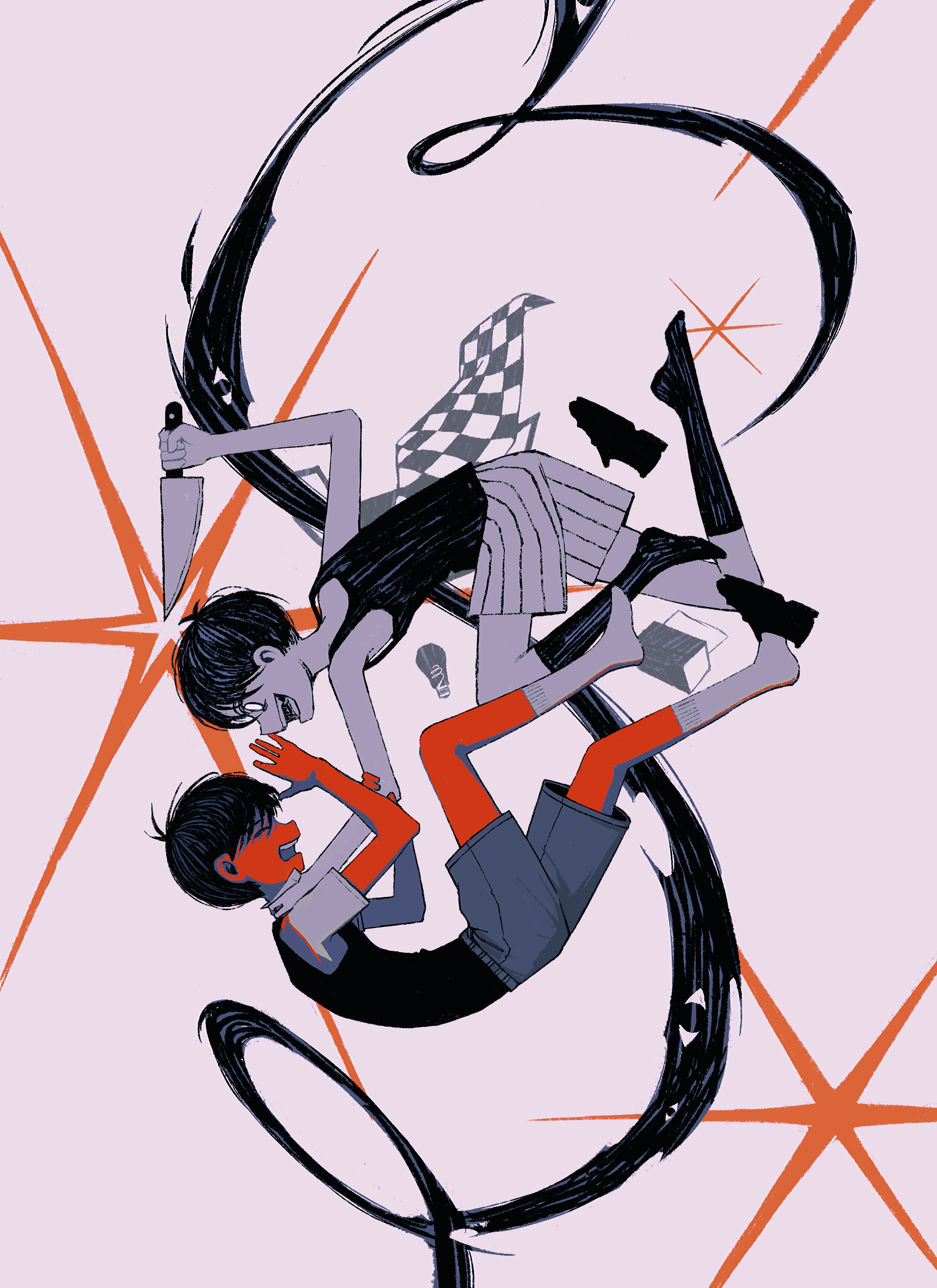 dangoiz, omori (omori), something (omori), sunny (omori), omori, absurdres, highres, image sample, spoilers, 2boys, antenna hair, black hair, black socks, black sweater vest, black tank top, closed eyes, colored skin, dual persona, holding, holding knife, knife, looking at another, male focus, multiple boys, open mouth, red skin, shirt, short hair, shorts, socks, striped clothes, striped shorts, sweater vest, tank top, teeth, upper teeth only, vertical-striped clothes, vertical-striped shorts, white shirt, white skin