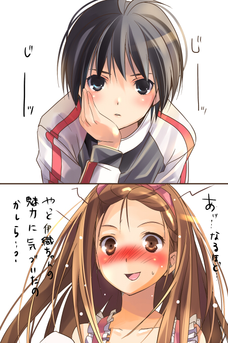 taira tsukune, kikuchi makoto, minase iori, idolmaster, idolmaster (classic), translation request, 00s, 2girls, androgynous, black hair, blue eyes, blush, brown eyes, brown hair, long hair, multiple girls, portrait, raglan sleeves, reverse trap, short hair, yuri