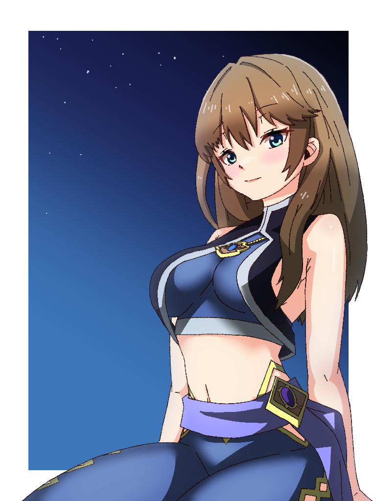 kamix2 odai, desert assassin (grimms notes), grimms notes, 1girl, aqua eyes, arabian clothes, border, breasts, brown hair, closed mouth, long hair, looking at viewer, navel, sitting, sky, smile, solo, star (sky), starry sky, white border