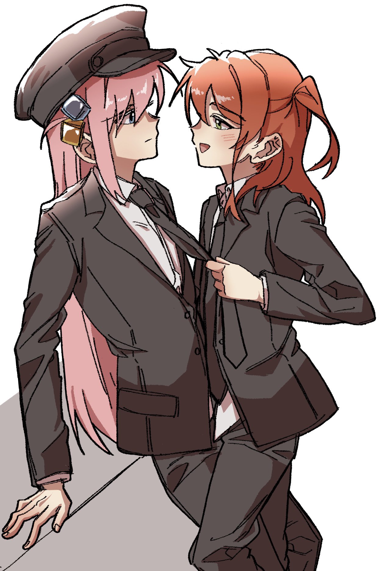 gotoh hitori, kita ikuyo, bocchi the rock!, highres, korean commentary, 2girls, alternate costume, anago (anago ng), black suit, blue eyes, blush, cube hair ornament, formal clothes, frown, hair ornament, hat, leg between thighs, long hair, military hat, multiple girls, open mouth, pink hair, pulling another's clothes, red hair, simple background, smile, suit, white background, yellow eyes, yuri