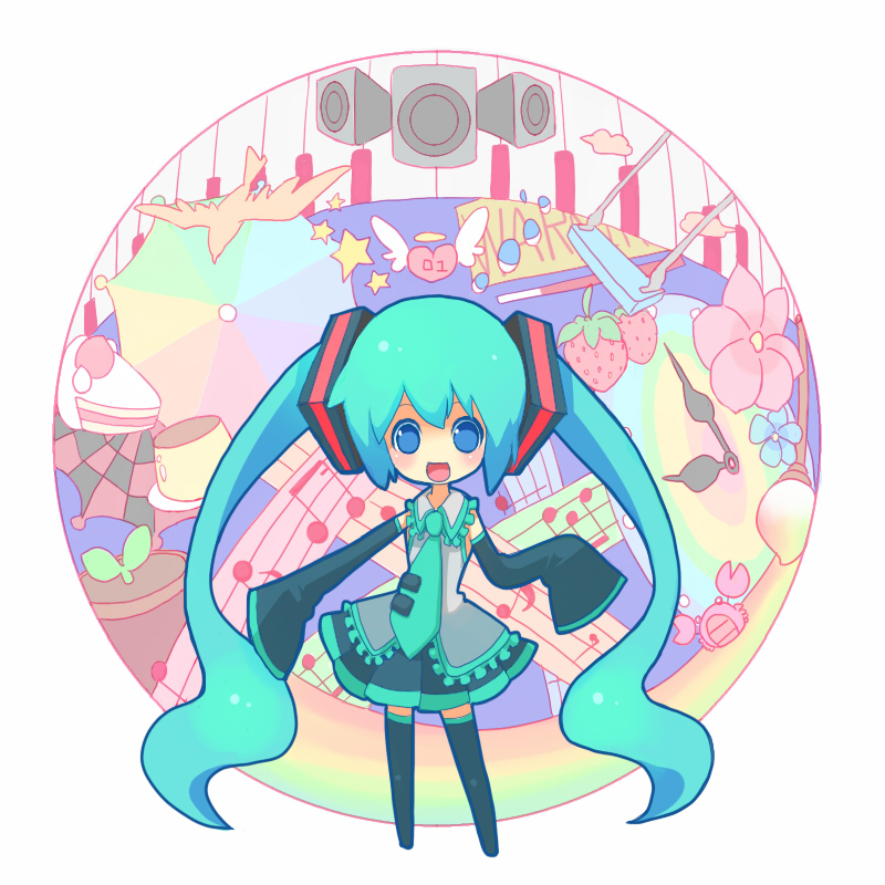 okamori kuo, hatsune miku, hello planet (vocaloid), miracle paint (vocaloid), vocaloid, world is mine (vocaloid), 1girl, aqua eyes, aqua hair, bird, clock, detached sleeves, female focus, flower, food, fruit, heart, long hair, musical note, necktie, piano keys, skirt, solo, songover, speaker, star (symbol), strawberry, thighhighs, twintails, umbrella, very long hair