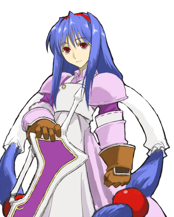 anastasia valeria, wild arms, wild arms 2, artist request, 1girl, armor, armored dress, blue hair, dress, female focus, gloves, hair ornament, hairband, long hair, low-tied long hair, red eyes, red hairband, sketch, solo, sphere hair ornament, sword, twintails, weapon, white background