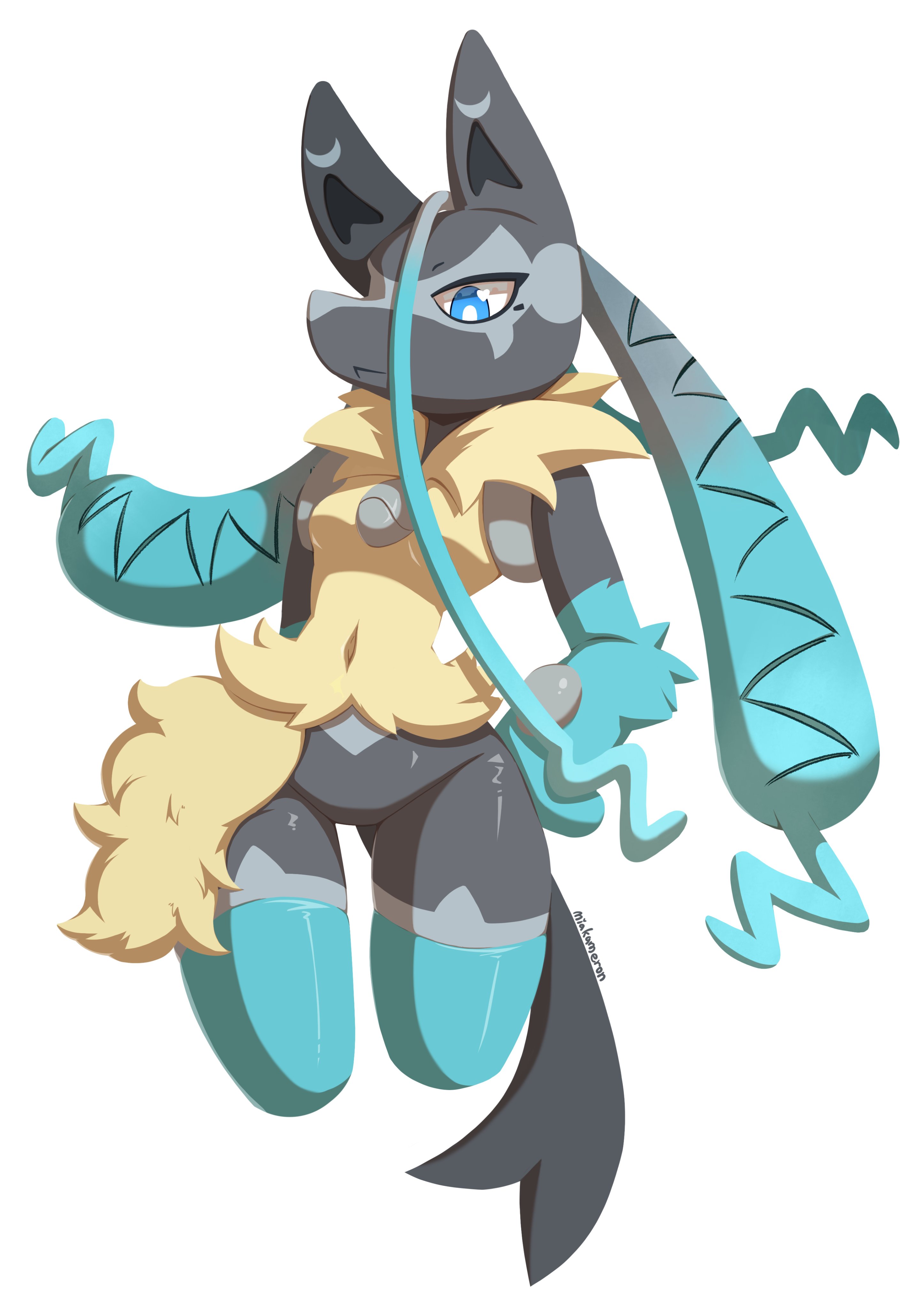 mega lucario z, nintendo, pokemon, absurdres, highres, artist name, black fur, blue eyes, blue fur, miakameron, multicolored fur, pokemon (creature), simple background, solo, white background, yellow fur