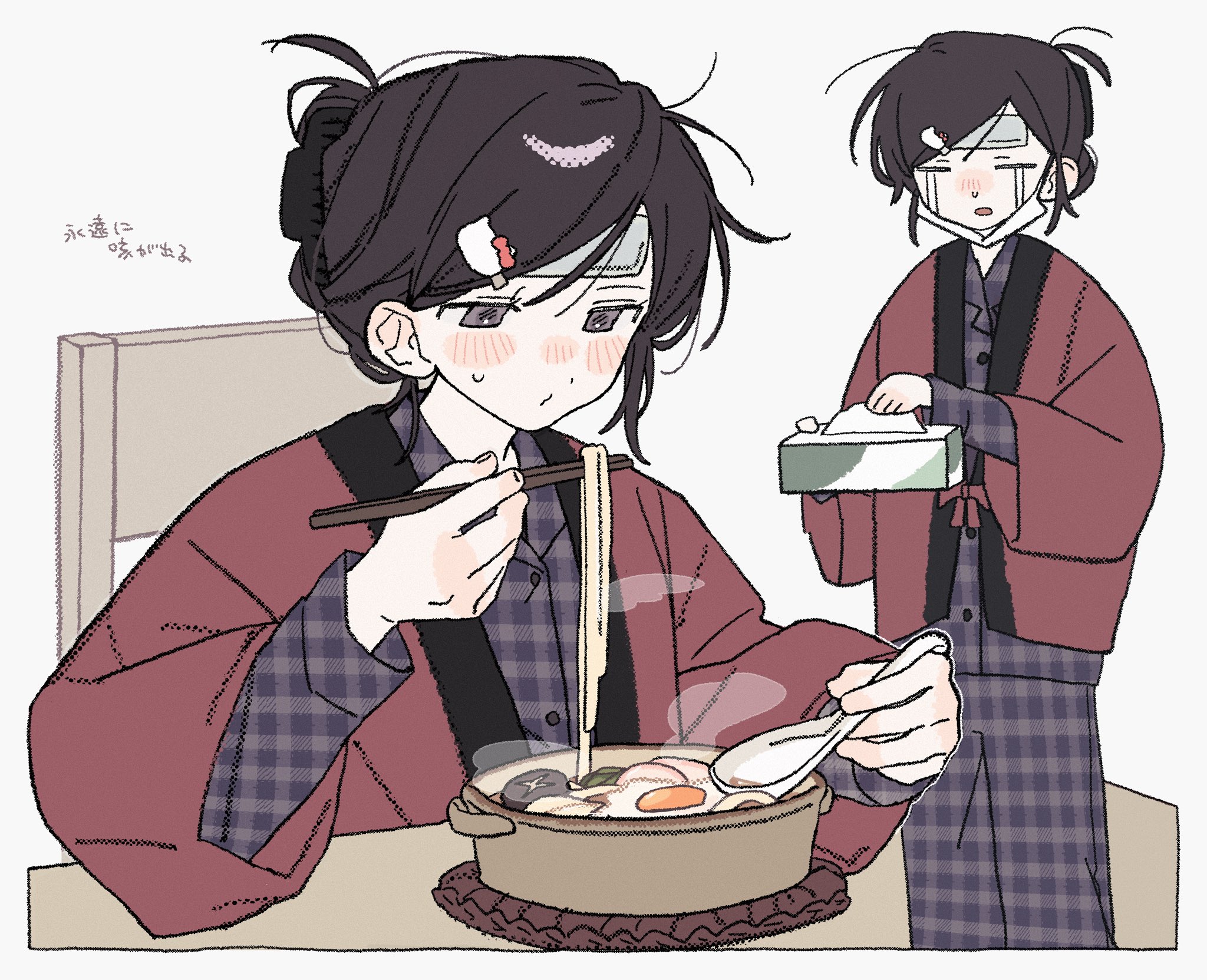 hello kitty, original, sanrio, highres, translation request, 1girl, black hair, black pants, black shirt, blush, bowl, box, chair, chinese spoon, chopsticks, claw hair clip, closed eyes, closed mouth, cold pack, folded ponytail, food, grey eyes, hair ornament, hairclip, hanten (clothes), hello kitty hair ornament, holding, holding box, holding chopsticks, holding spoon, long sleeves, mask, mask pull, medium hair, messy hair, mouth mask, multiple views, nnyoe, noodles, nose blush, on chair, open mouth, pajamas, pants, plaid clothes, plaid pants, plaid shirt, ramen, runny nose, shirt, sick, sitting, small sweatdrop, snot, softboiled egg, spoon, standing, surgical mask, tissue, tissue box, white background