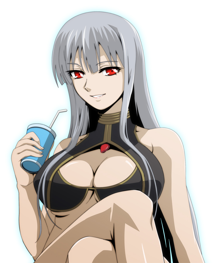taguchi kenji (omaep), selvaria bles, senjou no valkyria, senjou no valkyria (series), senjou no valkyria 1, bad id, bad pixiv id, 00s, 1girl, bikini, breasts, center opening, choker, cleavage, cleavage cutout, clothing cutout, crossed legs, drink, female focus, grey hair, halterneck, large breasts, long hair, red eyes, sitting, smile, solo, swimsuit