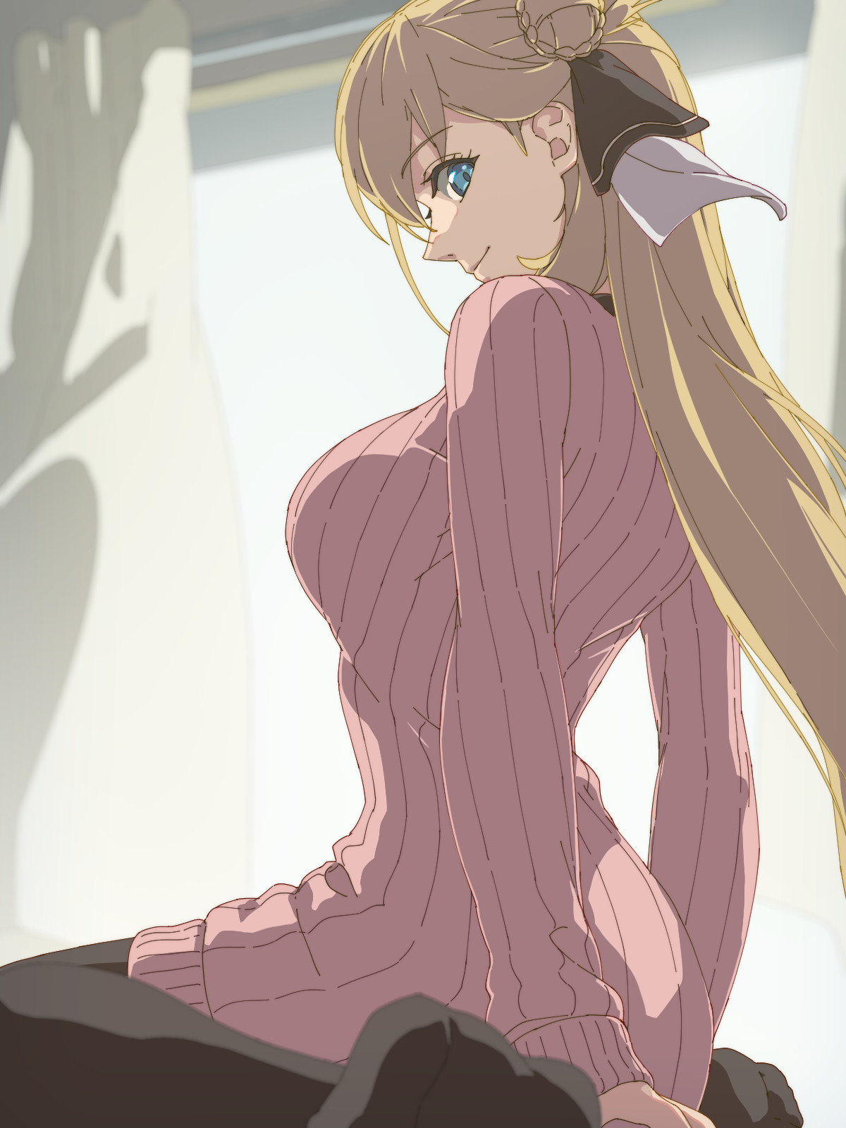 chiharu (9654784), agnes claudel, eiyuu densetsu, kuro no kiseki (series), kuro no kiseki i, highres, blonde hair, blue eyes, braid, braided bun, bun with braided base, collared shrug, from side, hair bun, leggings, light smile, long hair, low-tied long hair, ribbed sweater, shrug (clothing), simple background, sitting, sweater