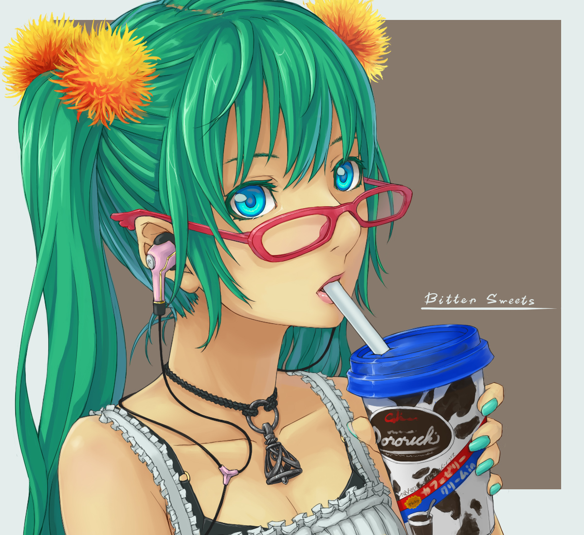 yuru, hatsune miku, vocaloid, bad id, bad pixiv id, 1girl, alternate costume, aqua hair, aqua nails, bespectacled, blue eyes, blue hair, bra, cable divider, camisole, casual, drink, earbuds, earphones, female focus, glasses, green hair, hair ornament, headphones, jewelry, lingerie, lipstick, long hair, makeup, matching hair/eyes, nail polish, necklace, solo, twintails, underwear