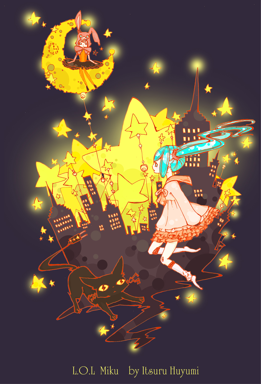 huyumi itsuru, hatsune miku, hatsune miku (lollipop), lol -lots of laugh- (vocaloid), lots of laugh, vocaloid, bad id, bad pixiv id, highres, animal hat, aqua eyes, aqua hair, cat, dress, hat, long hair, moon, sailor dress, sitting, socks, solo, star (symbol), twintails