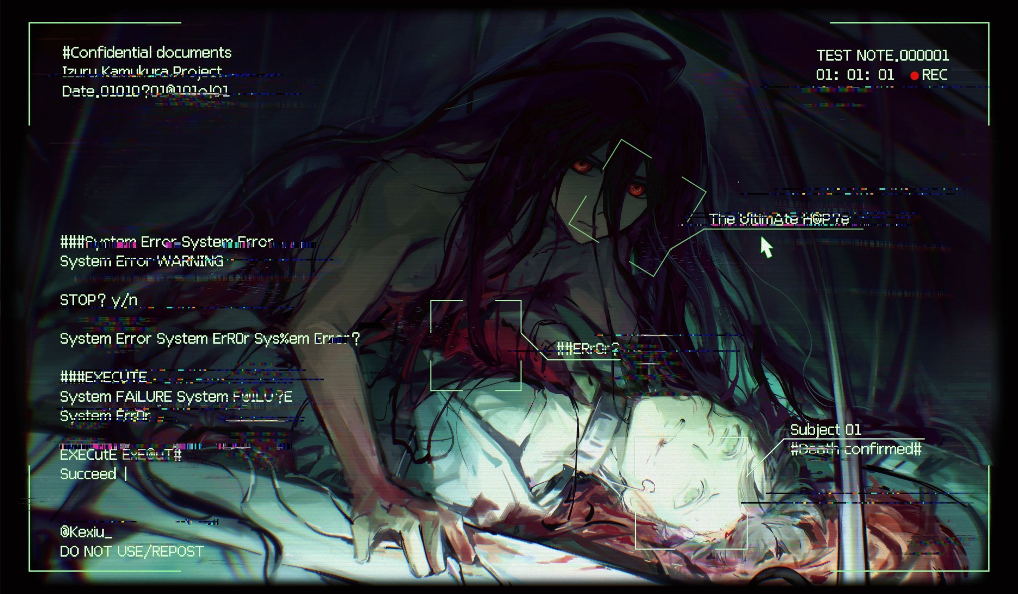 kexiu, hinata hajime, kamukura izuru, danganronpa (series), danganronpa 2: goodbye despair, highres, 2boys, artist name, blood, blood on hands, corpse, cursor, death, english text, found footage, implied murder, long hair, multiple boys, murder, no shirt, red eyes, very long hair, video camera