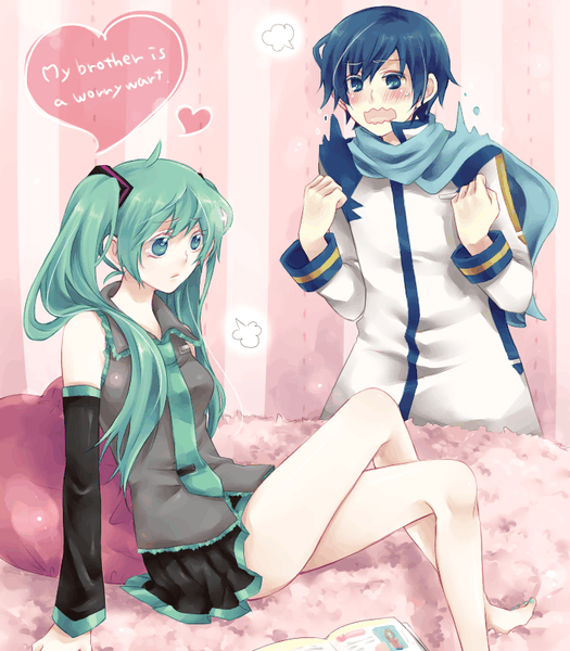 pasokon, psk 113, hatsune miku, kaito (vocaloid), vocaloid, bad id, bad pixiv id, 1boy, 1girl, aqua eyes, aqua hair, barefoot, blue eyes, blue hair, blue scarf, blush, crossed legs, detached sleeves, long hair, necktie, scarf, short hair, sitting, skirt, tears, twintails