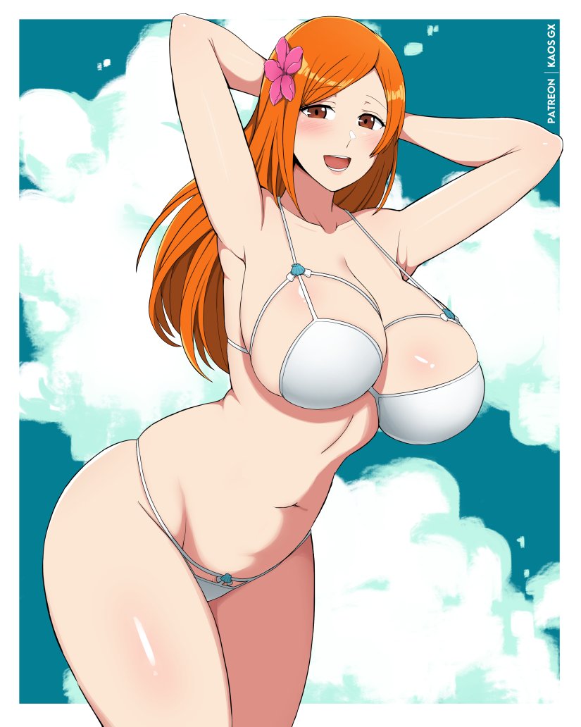 kaos art, inoue orihime, bleach, bleach: epilogue, highres, 1girl, arms behind head, artist name, bare shoulders, bikini, blush, border, breasts, brown eyes, collarbone, female focus, flower, flower on head, hair flower, hair ornament, large breasts, legs together, long hair, looking at viewer, mature female, navel, official alternate costume, open mouth, orange hair, patreon username, shiny skin, solo, solo focus, standing, stomach, swimsuit, thighs, white bikini, white border