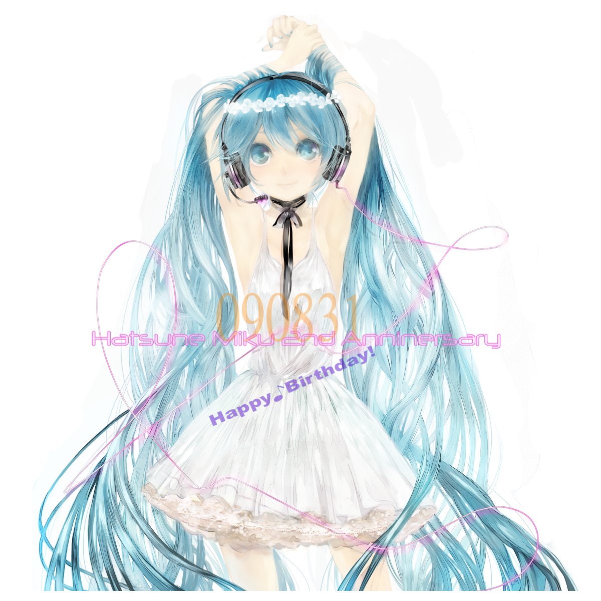 ebisu kana, hatsune miku, vocaloid, bad id, bad pixiv id, highres, 1girl, aqua eyes, aqua hair, armpits, arms up, dress, female focus, headphones, headset, long hair, short dress, simple background, skirt, solo, twintails, very long hair, white dress, white skirt