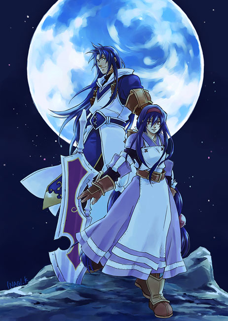 anastasia valeria, ashley winchester, wild arms, wild arms 2, wild arms 2nd ignition, gender request, 1boy, 1girl, belt, blue hair, boots, dress, dual persona, genderswap, gloves, hairband, huge weapon, long hair, moon, night, outdoors, red eyes, rock, sky, smile, sword, weapon