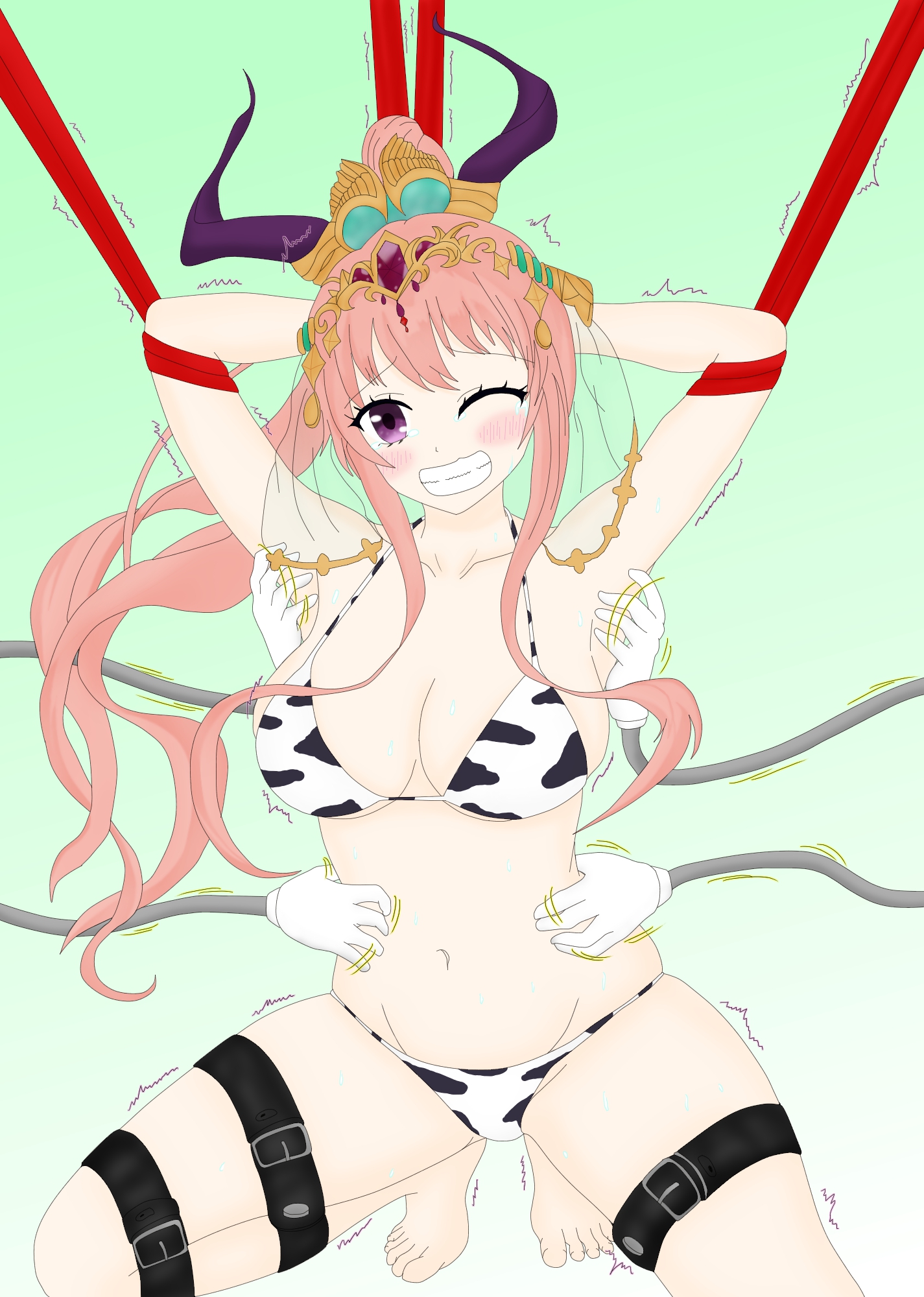 1girl, belt, black belt, blush, breasts, cow print, cow print bikini, full body, green background, grin, large breasts, navel, pink hair, ponytail, print bikini, restrained, smile, solo, teeth, tickling