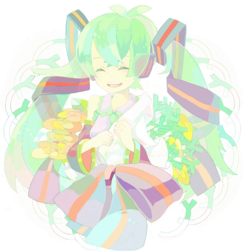 lltz, toko-ya, hatsune miku, vocaloid, bad id, bad pixiv id, 1girl, aqua hair, closed eyes, detached sleeves, female focus, flower, long hair, necktie, ribbon, smile, solo, twintails, very long hair