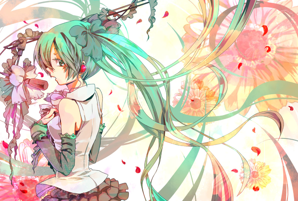 zanunoneko, hatsune miku, vocaloid, bad id, bad pixiv id, 1girl, aqua eyes, aqua hair, detached sleeves, female focus, flower, hair ribbon, headphones, long hair, microphone, necktie, petals, ribbon, skirt, solo, twintails, very long hair