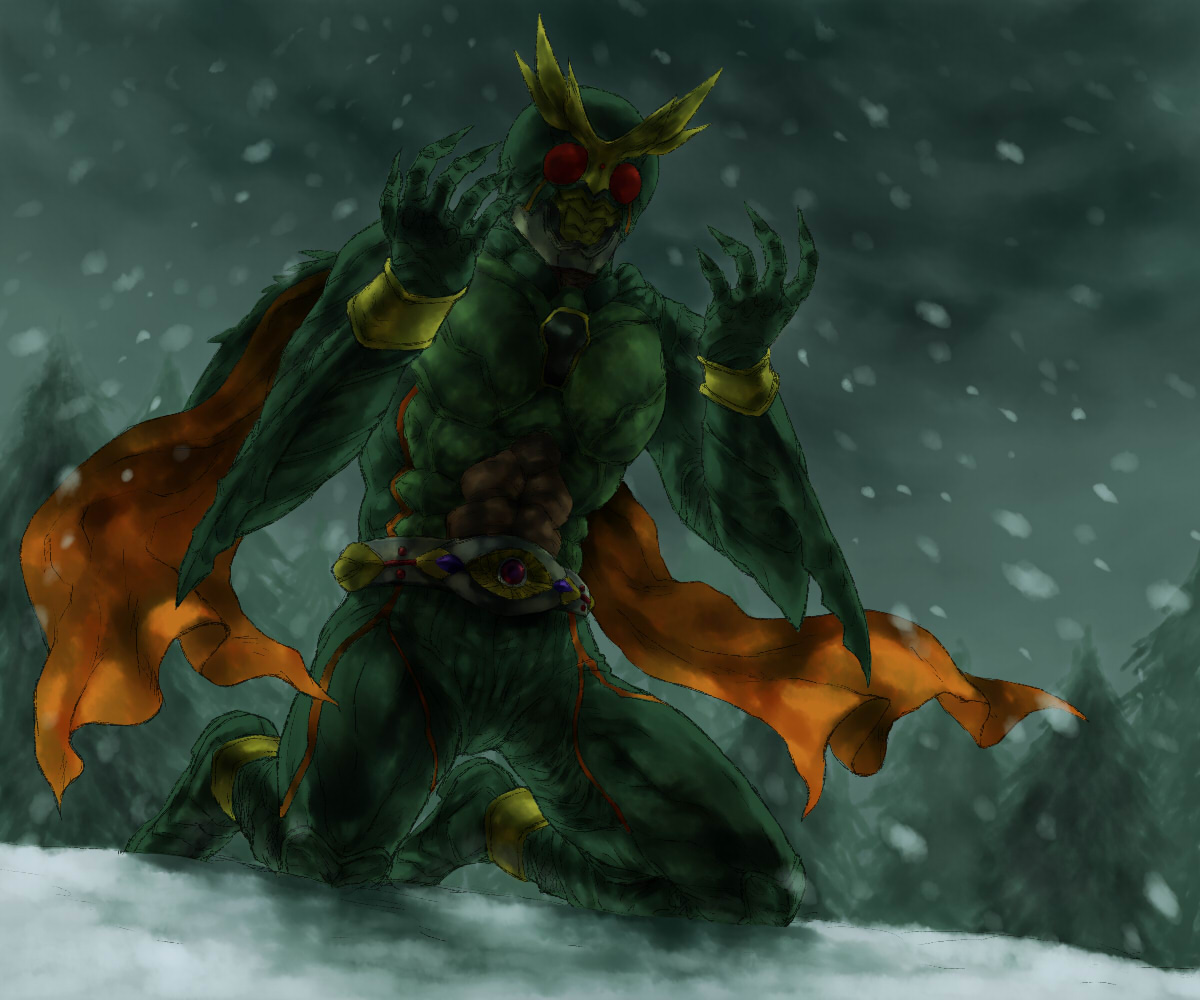 yapo (mess), yapo (pixiv), another agito, kamen rider, kamen rider agito (series), 1boy, belt, male focus, scarf, snow, solo