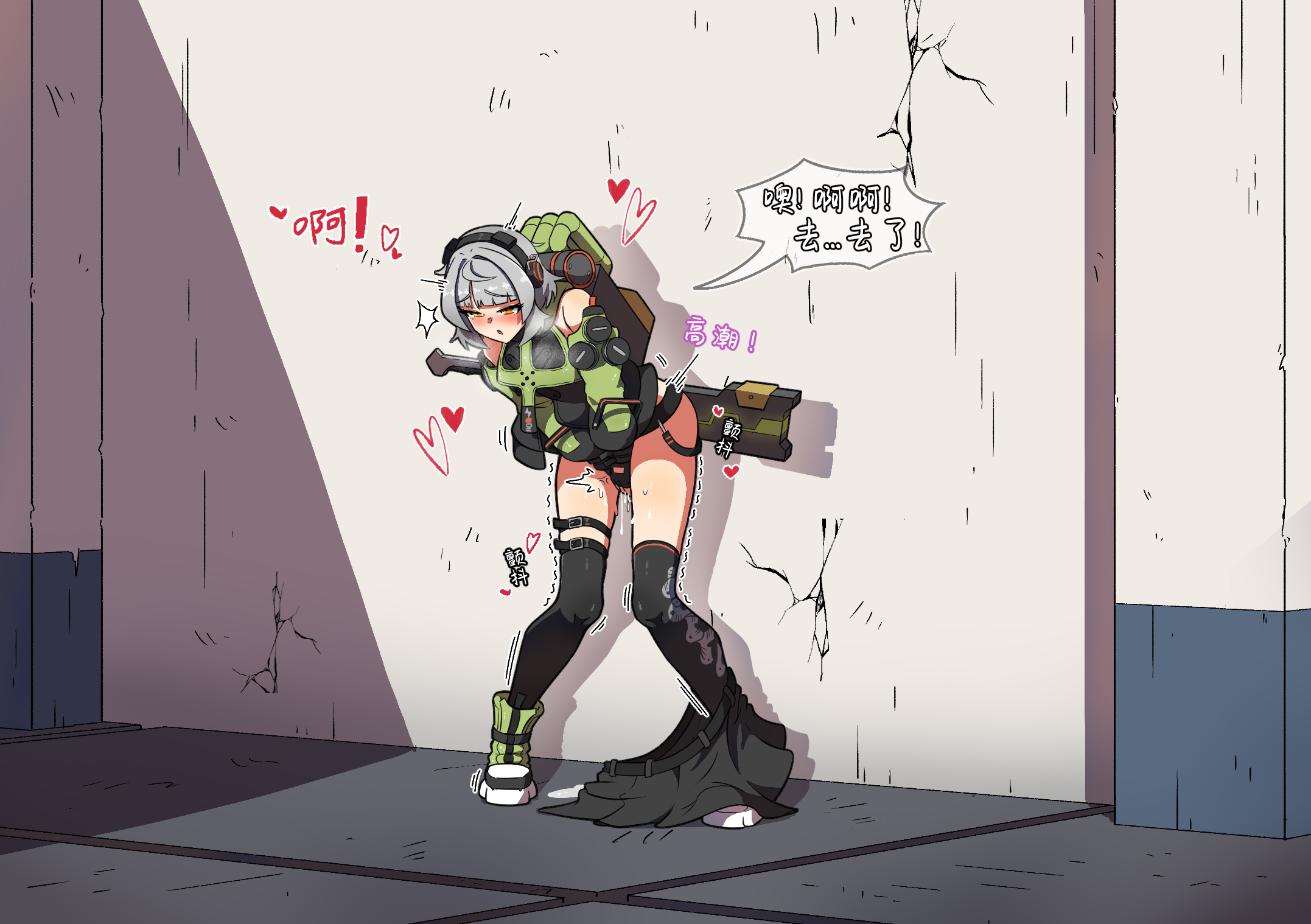 nomad (nzdz2788), anby demara, zenless zone zero, highres, translation request, backpack, bag, bare shoulders, belt, black gloves, black jacket, black thighhighs, brown eyes, detached sleeves, female masturbation, fingerless gloves, gloves, grey hair, headphones, jacket, masturbation, midriff peek, navel, open mouth, outdoors, pleated skirt, pussy juice, sheath, shoes, short hair, skindentation, skirt, sneakers, solo, speech bubble, standing, stomach, sweatdrop, thighhighs, thighs, unworn skirt, zettai ryouiki