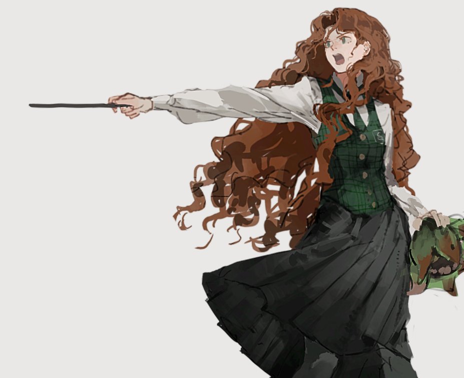 hiiragimare, hogwarts legacy, original, wizarding world, 1girl, black skirt, black thighhighs, blue eyes, collared shirt, cowboy shot, floating hair, green necktie, green vest, gynger edventray (hiiragimare), hogwarts school uniform, holding, holding plant, holding wand, long hair, necktie, open mouth, plant, pointing, pointing to the side, red hair, school uniform, shirt, simple background, skirt, slytherin, solo, thighhighs, vest, wand, wavy hair, white background, white shirt