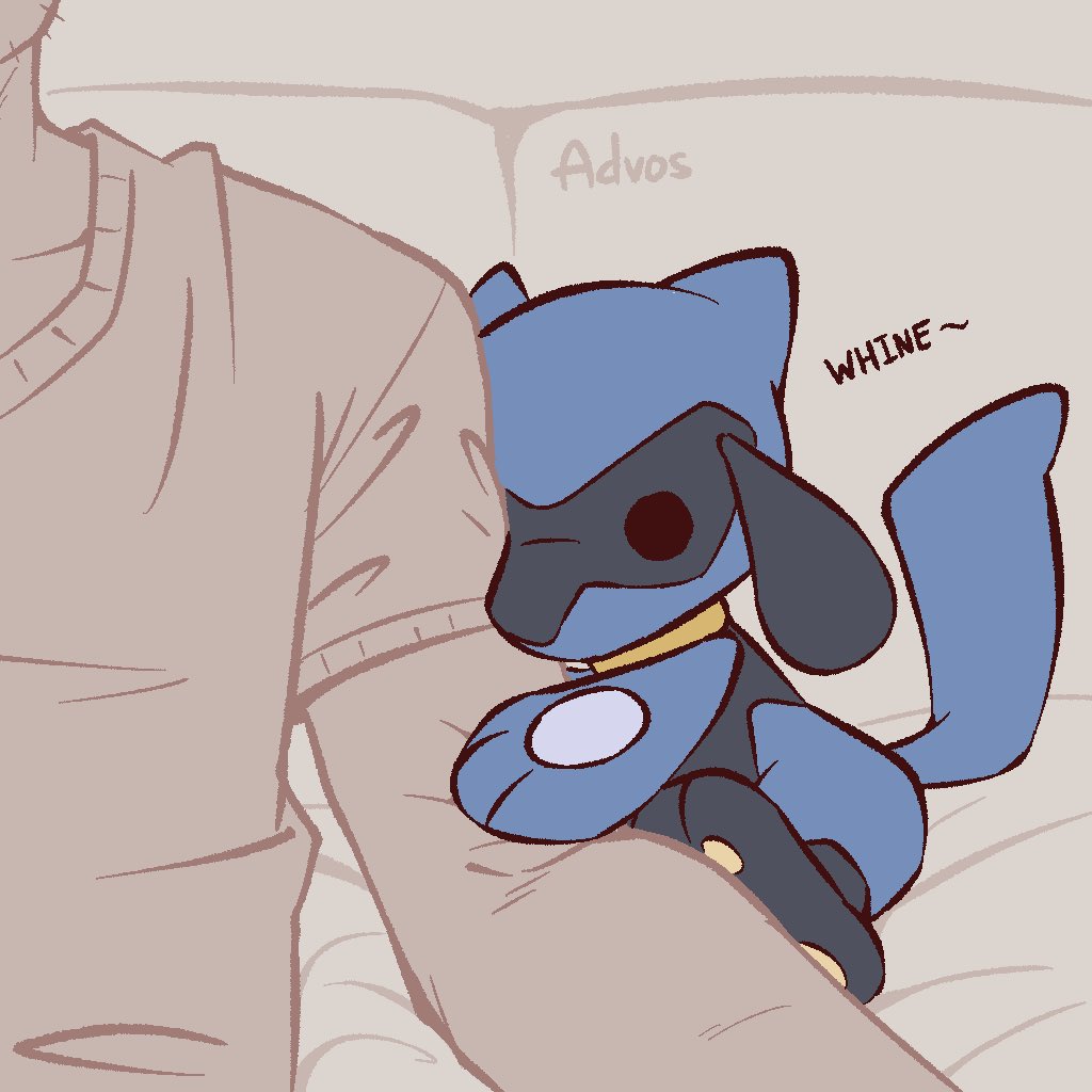 advos, riolu, nintendo, pokemon, 1boy, arm hug, artist name, black fur, blue fur, chibi, gen 4 pokemon, pokemon (creature), short sleeves, sound effects, tail