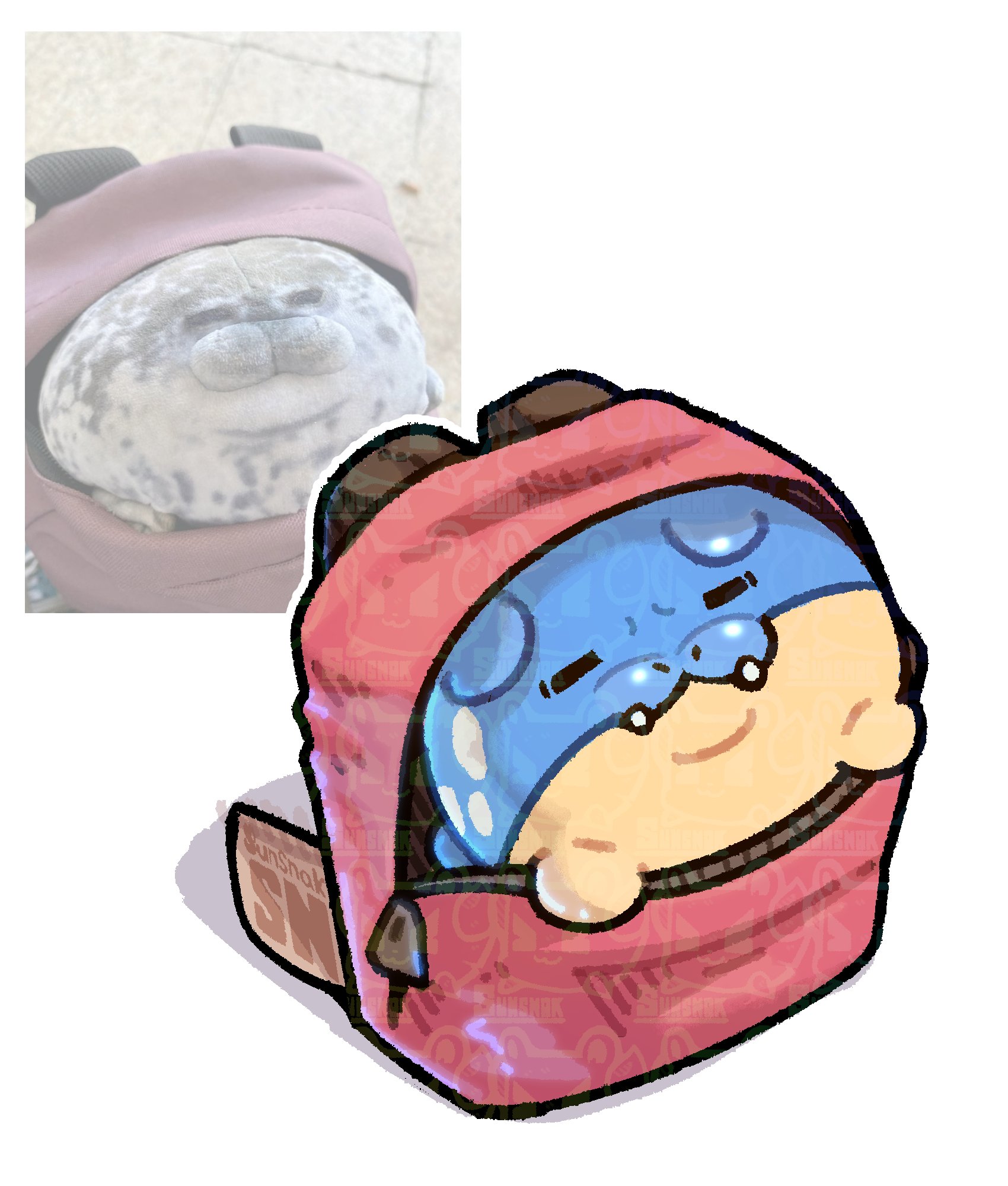 sunsnak sn, spheal, nintendo, pokemon, highres, blue fur, closed eyes, fangs, gen 3 pokemon, no humans, photo inset, pokemon (creature), red bag, reference inset, seal (animal), two-tone fur, yellow fur