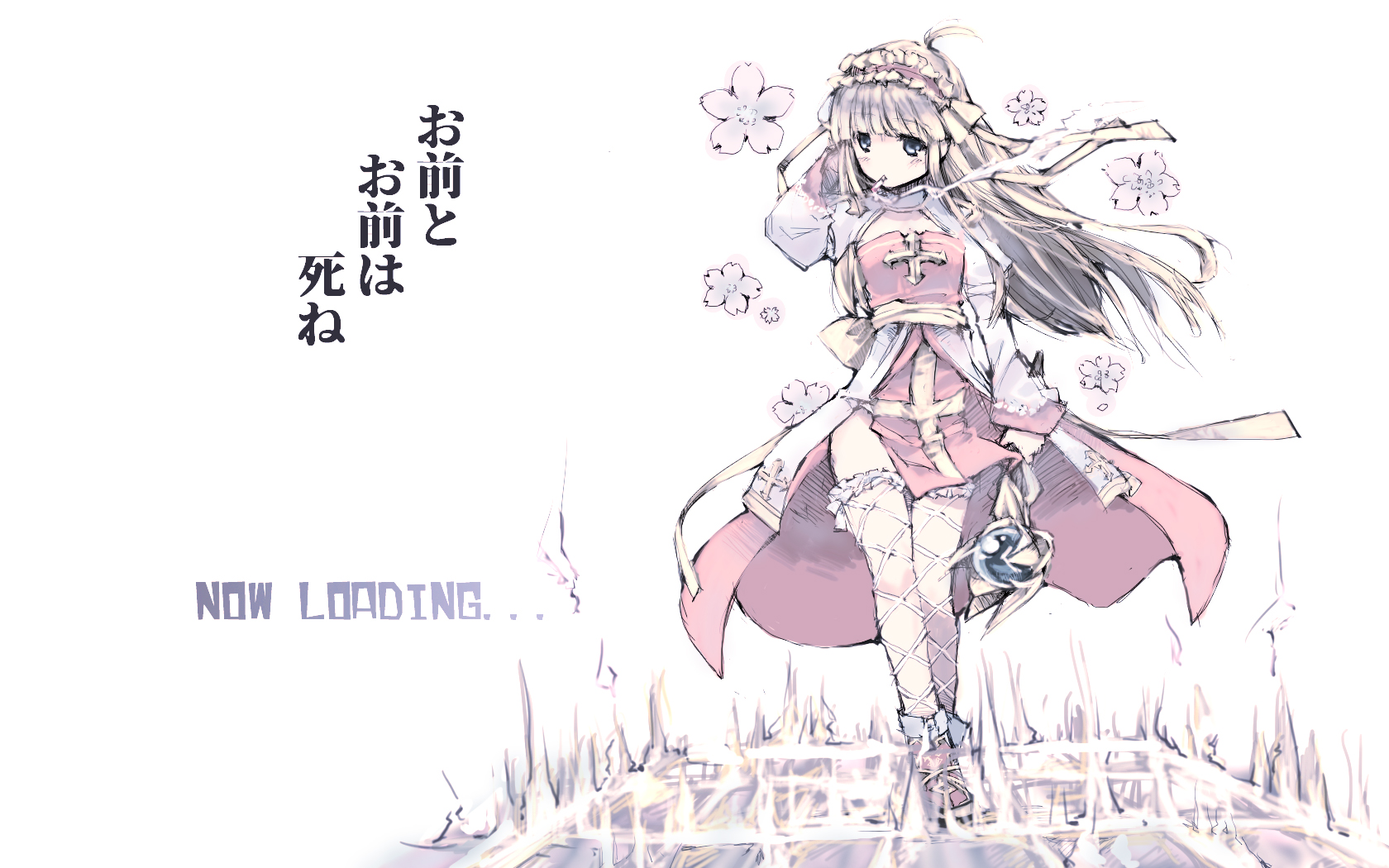 ganges gawa, arch bishop (ragnarok online), ragnarok online, commentary request, highres, translation request, 1girl, blush, breasts, cleavage cutout, closed mouth, clothing cutout, cross, dress, fishnet thighhighs, fishnets, flower, frilled hairband, frills, full body, hairband, holding, holding staff, long hair, looking at viewer, pink dress, pink flower, pink hairband, sash, simple background, small breasts, solo, staff, standing, thighhighs, two-tone dress, white background, white dress, white thighhighs, yellow sash
