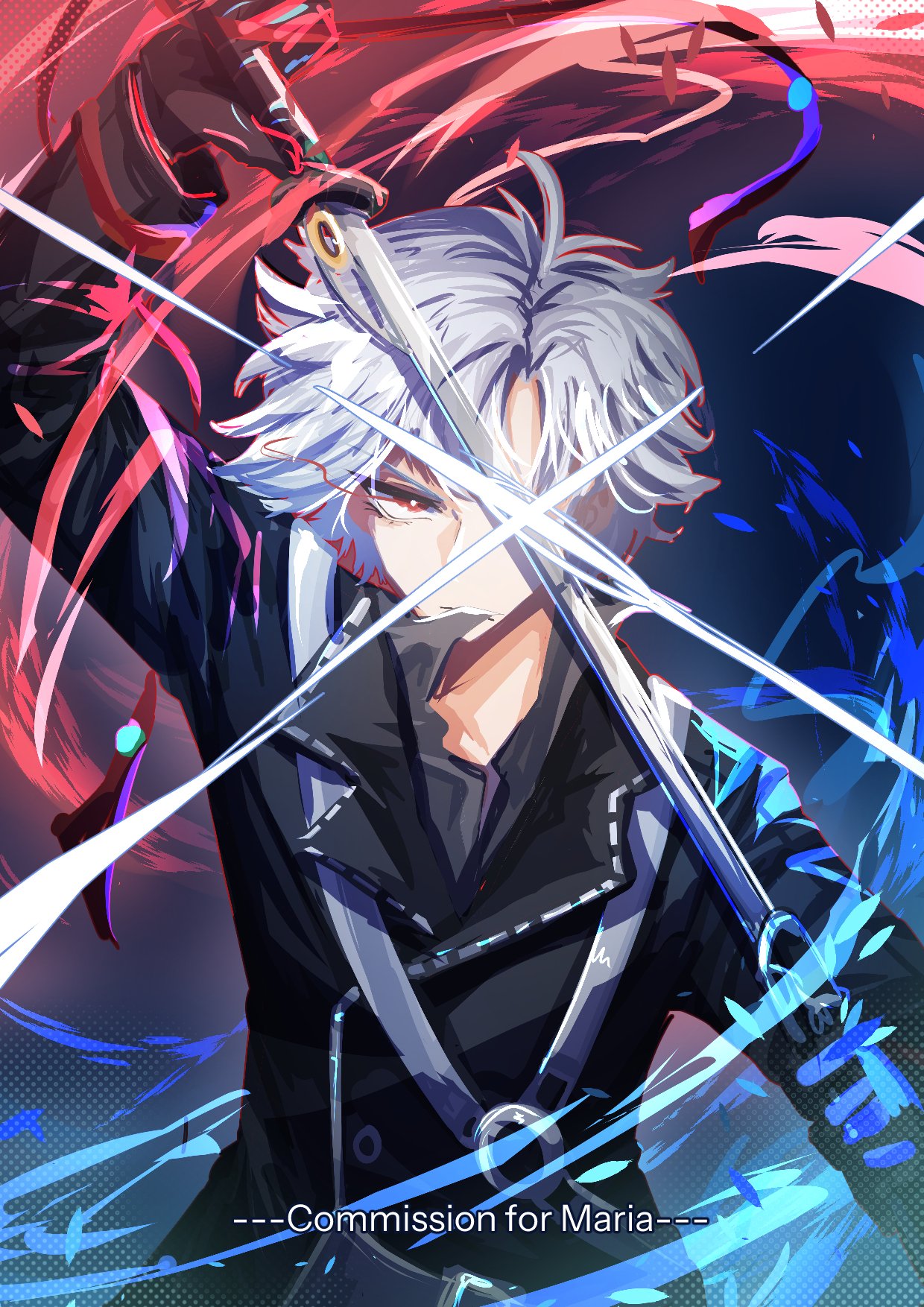 lan aci, rean schwarzer, eiyuu densetsu, sen no kiseki, sen no kiseki (series), sen no kiseki iii, highres, 1boy, aura, coat, curtained hair, dark aura, double-parted bangs, holding, holding sword, holding weapon, katana, looking at viewer, official alternate eye color, official alternate hair color, short hair, sword, weapon, white hair