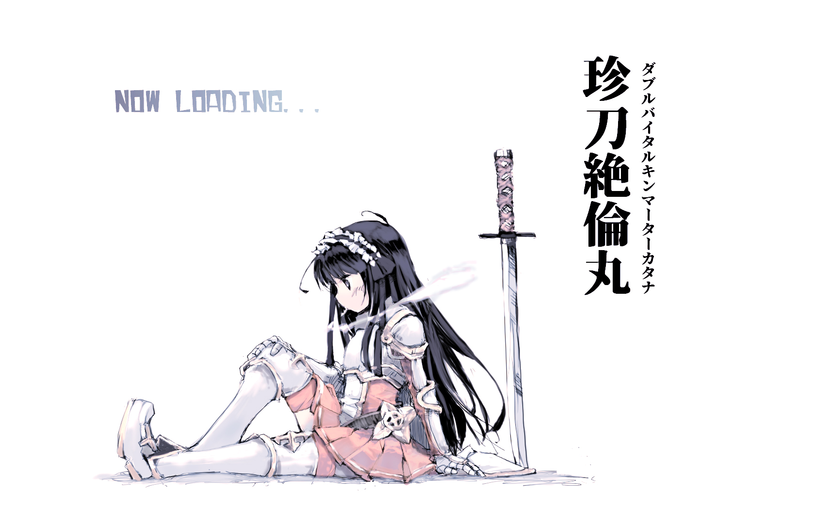 ganges gawa, rune knight (ragnarok online), ragnarok online, commentary request, highres, translation request, 1girl, armor, armored boots, black eyes, black hair, boots, cigarette, full body, gauntlets, katana, long hair, pauldrons, pink skirt, pink thighhighs, planted, planted sword, planted weapon, pleated skirt, prototype design, shoulder armor, simple background, sitting, skirt, smoke, smoking, solo, sword, thighhighs, weapon, white background