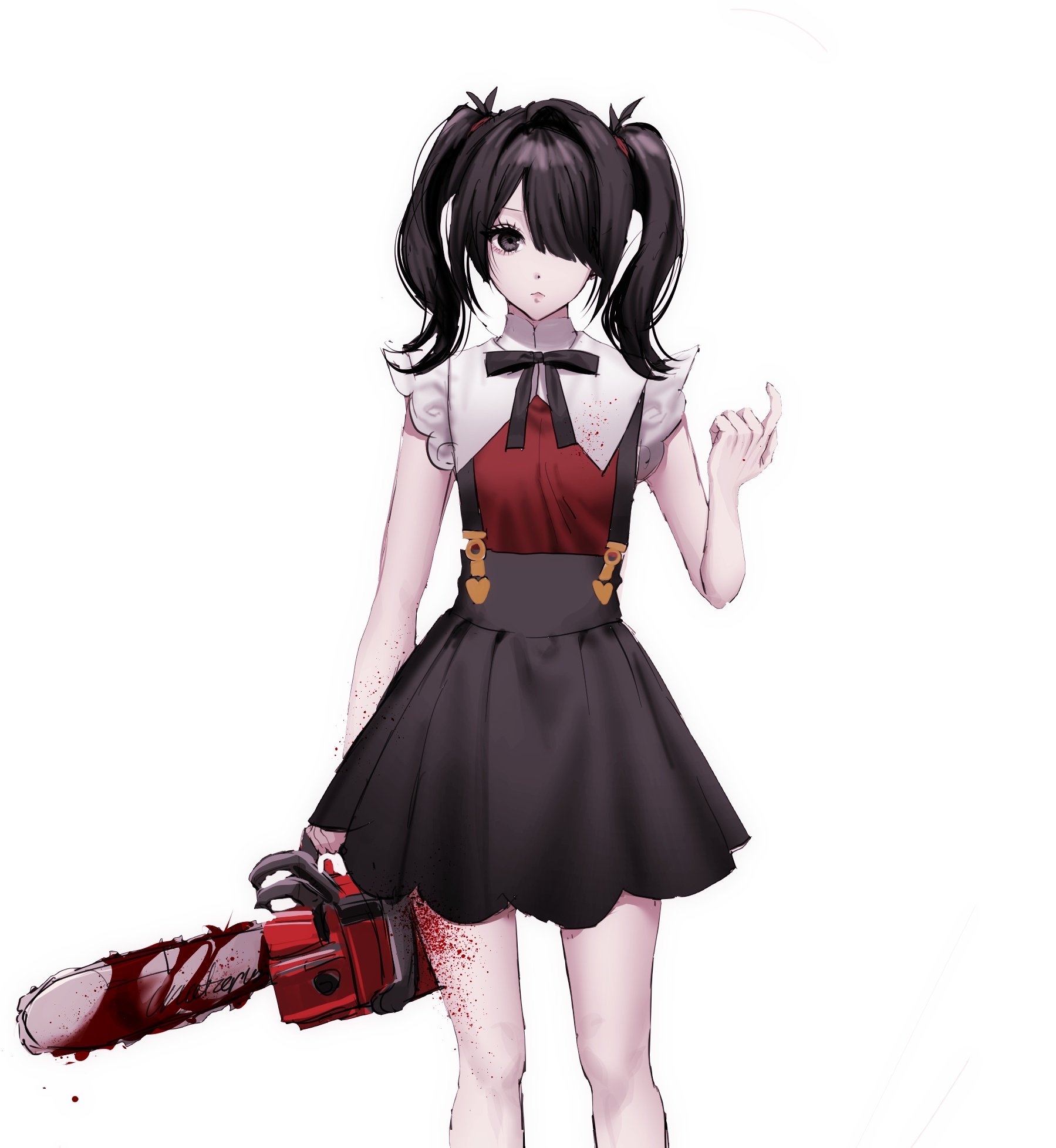 ame-chan (needy girl overdose), needy girl overdose, highres, 1girl, black eyes, black hair, blood, blood drip, blood on hands, blood on leg, blood splatter, bloody weapon, chainsaw, cowboy shot, diagonal bangs, expressionless, hair over one eye, head tilt, holding, holding chainsaw, mlepq, neck ribbon, red shirt, ribbon, shirt, short twintails, sidelocks, skirt, solo, suspender skirt, suspenders, twintails, weapon, winged sleeves
