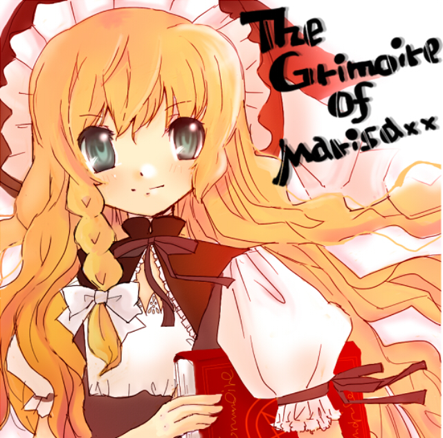 snowling, kirisame marisa, touhou, 1girl, blonde hair, blue eyes, book, braid, female focus, hat, long hair, solo, upper body, white background, witch, witch hat