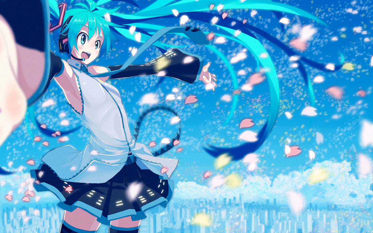 hipoguri, kasuga ayumu (artist), kasuga ayumu (haruhipo), hatsune miku, vocaloid, 1girl, :d, aqua eyes, aqua hair, armpits, bare shoulders, blue theme, blurry, cherry blossoms, city, cityscape, cowboy shot, day, depth of field, detached sleeves, female focus, foreshortening, headphones, headset, long hair, necktie, open mouth, outstretched arms, petals, skirt, sky, smile, solo, spread arms, thighhighs, twintails, very long hair, wide-eyed, zettai ryouiki