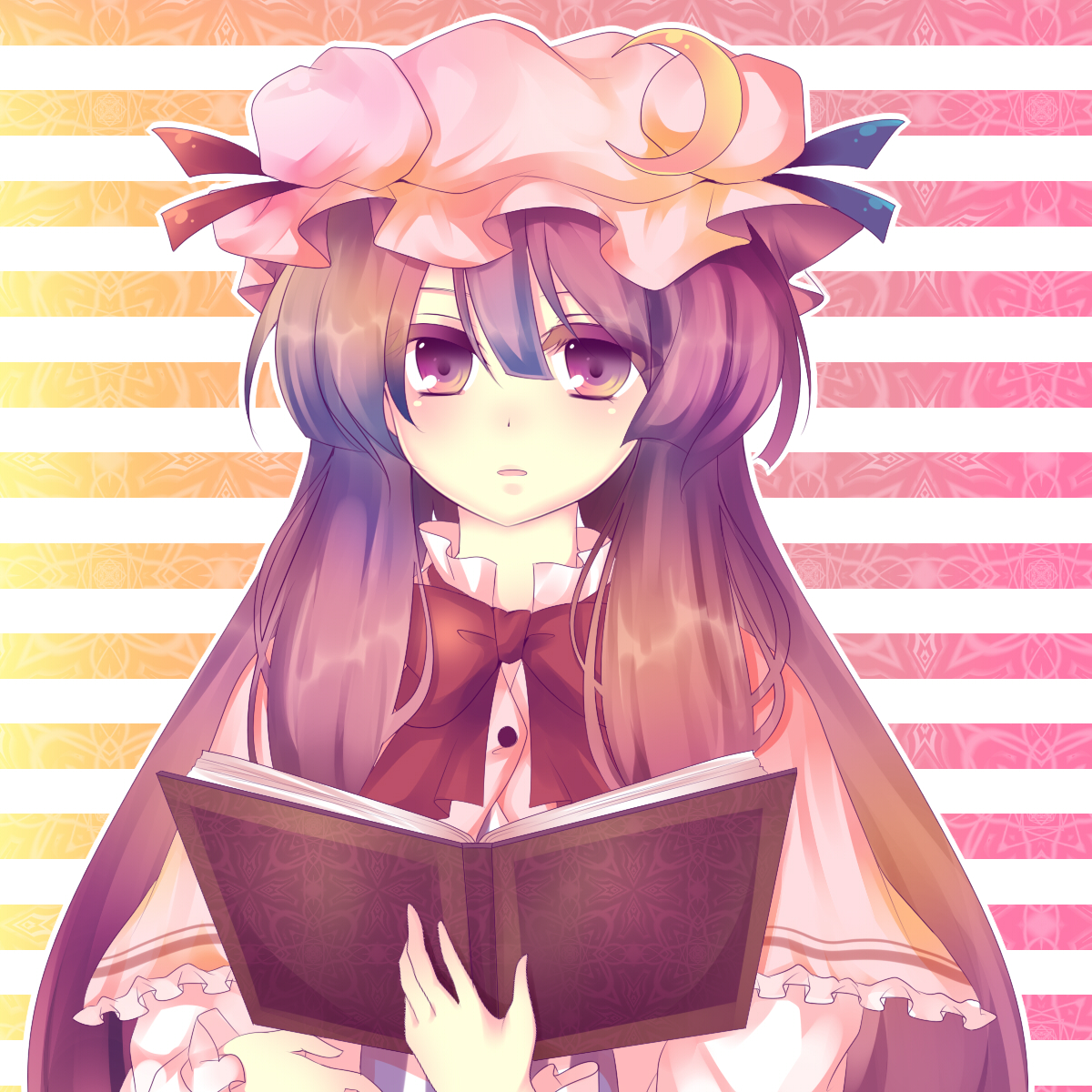uranaishi (miraura), patchouli knowledge, touhou, highres, 1girl, book, female focus, hat, long hair, looking at viewer, mob cap, purple eyes, purple hair, solo